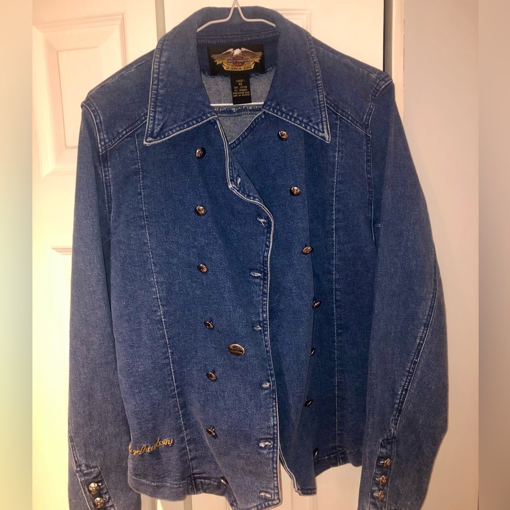 Harley Davidson women’s double button blue jean denim biker jacket sz xs